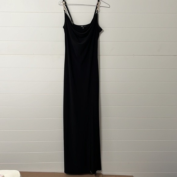 Jump Apparel Black Spaghetti Strap Maxi Cowl Neck High Slit Dress Size Large - Picture 6 of 8